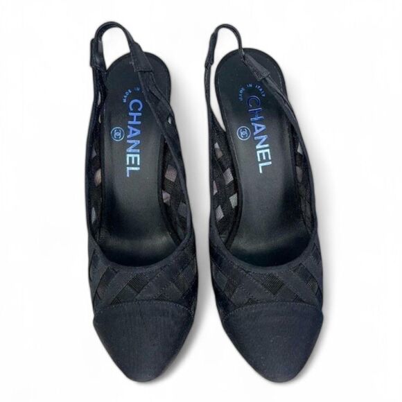 CHANEL Black Diamond Pattern Mesh CC Logo Cap Toe Slingback Sandals Size… - Picture 9 of 16